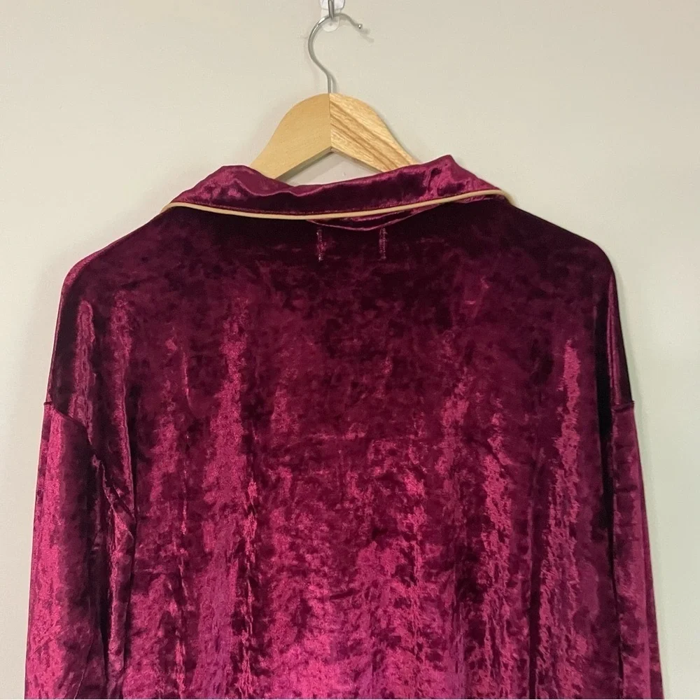 [Honor The Gift] Burgundy Crushed Velvet PJ Button Down Long Sleeve Top - Picture 7 of 7